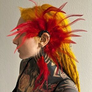 Red feathered ear cuff